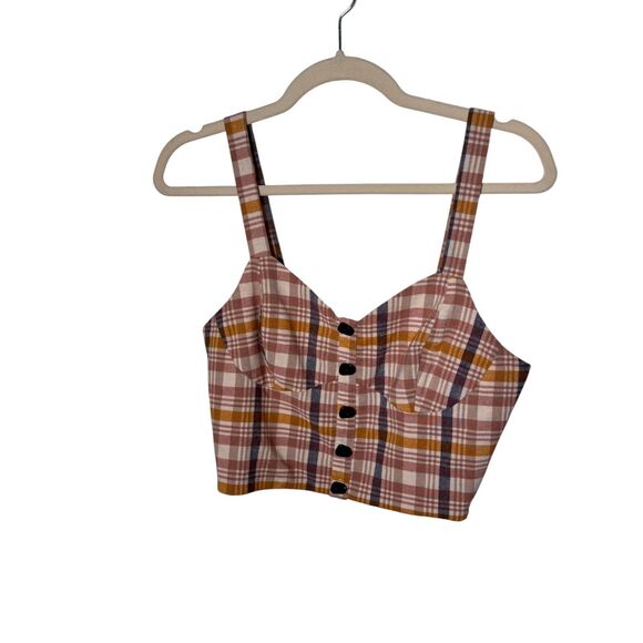 Zara Tops - Zara Plaid Size Large Neutral Cropped Smocked Summer Vacation Retro Faux Buttons